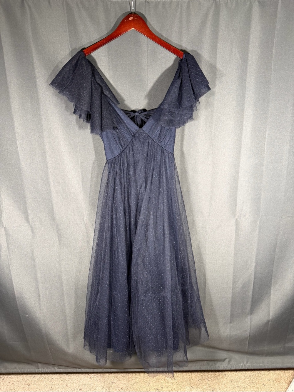 Lulus Perfect Invite Midnight Blue Swiss Dot Tie Back Midi Dress Medium